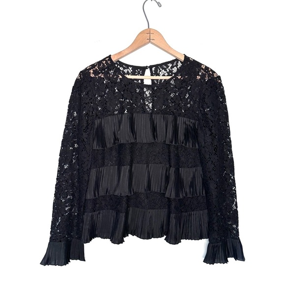 J. Crew | Black Lace Long Sleeve Ruffle Pleats Top Size 4 - Picture 2 of 8